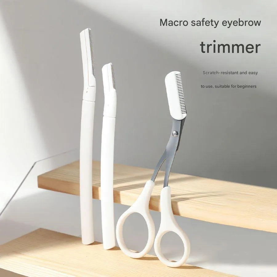 Eyebrow trimming tool set with safety guard and protective blade cover for home grooming