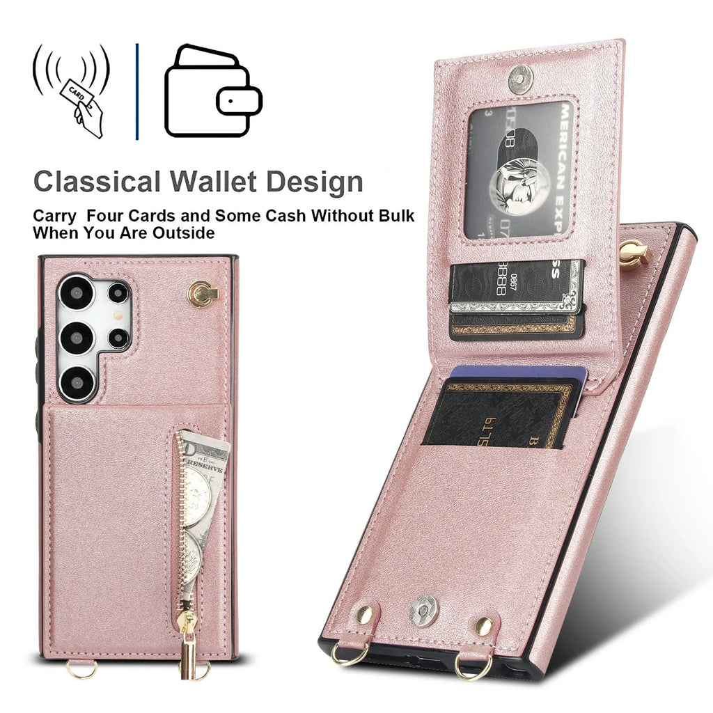 Black leather crossbody phone case with card slots showing Samsung Galaxy phone compatibility