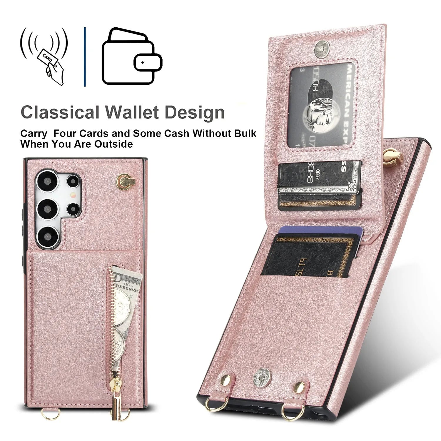 Black leather crossbody phone case with card slots showing Samsung Galaxy phone compatibility