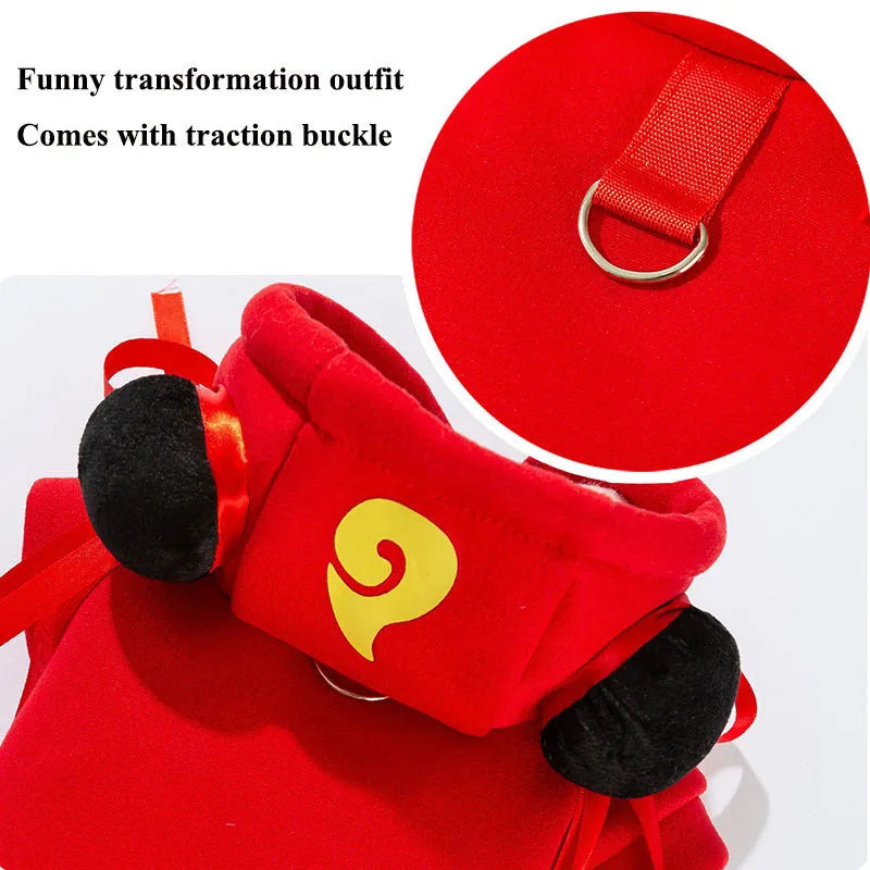 Red Nezha style pet hoodie with black meatball decorations and yellow badge on a small dog