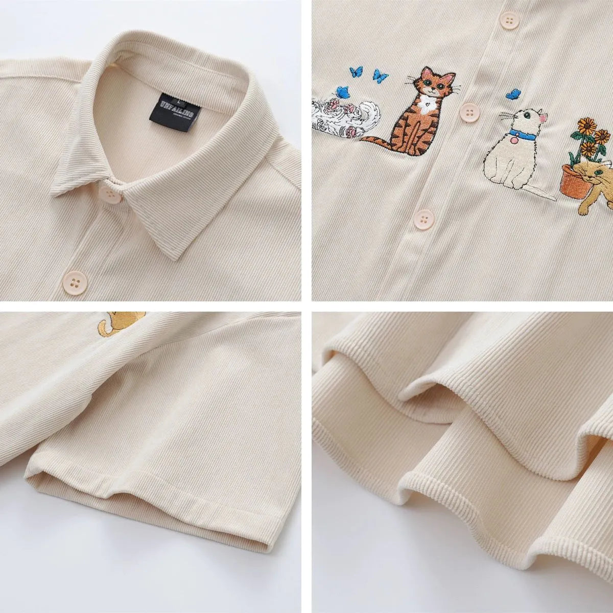 Loose apricot cardigan shirt with cartoon embroidery detail on the front
