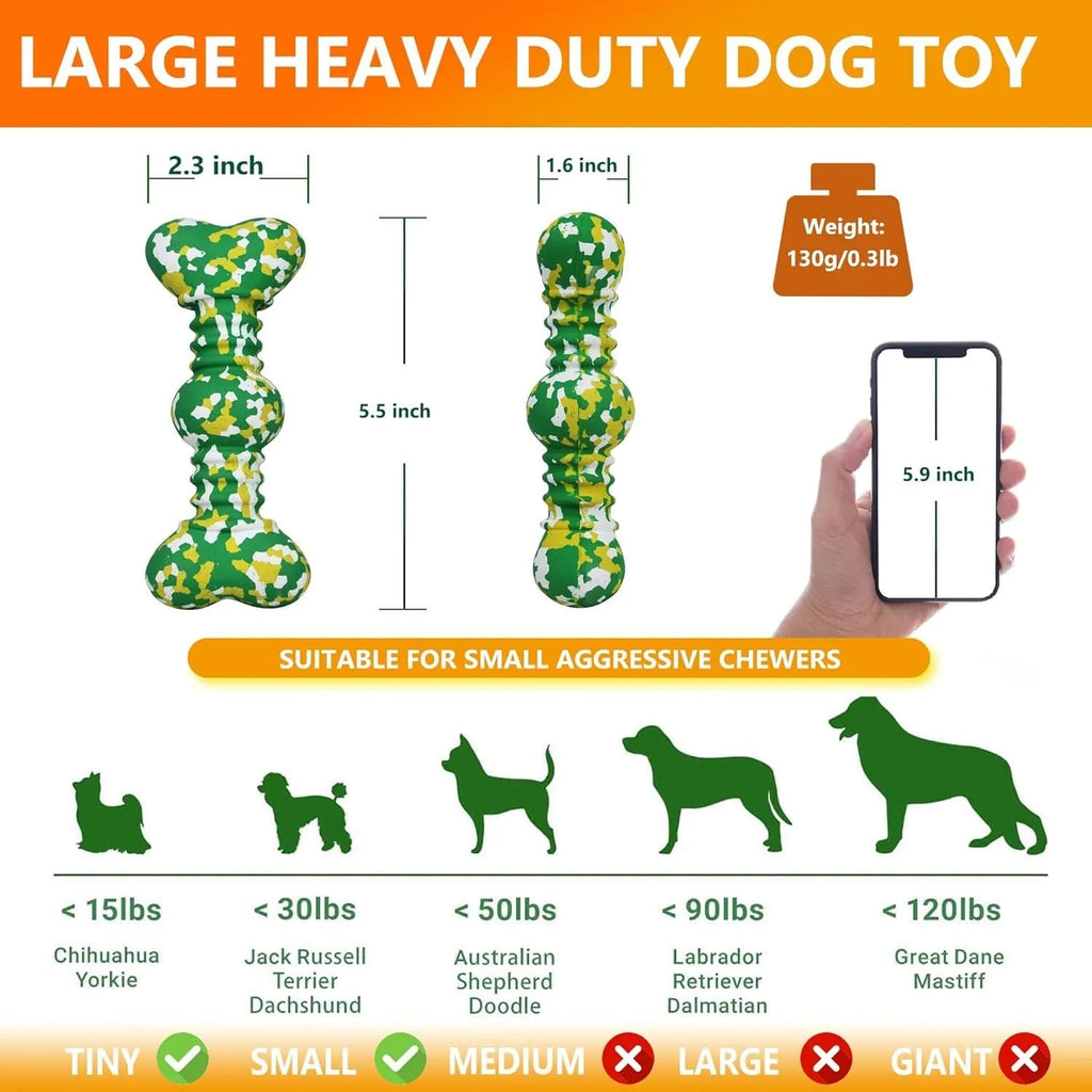 Green, white, and yellow camouflage pattern natural rubber bone chew toy for dogs on a wooden floor.