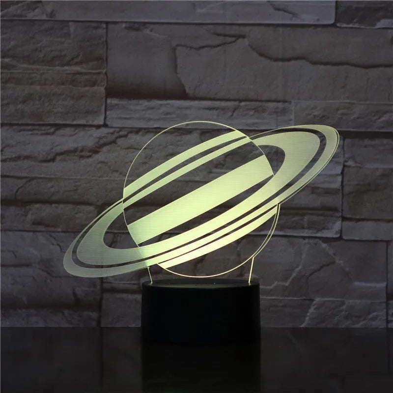 Nine planets 3D acrylic small night light with touch switch and remote control showing seven colour options on a black base