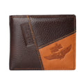 Horizontal soft cowhide men's wallet open to show bill holder, card slots, and zippered coin compartment with contrast stitching.