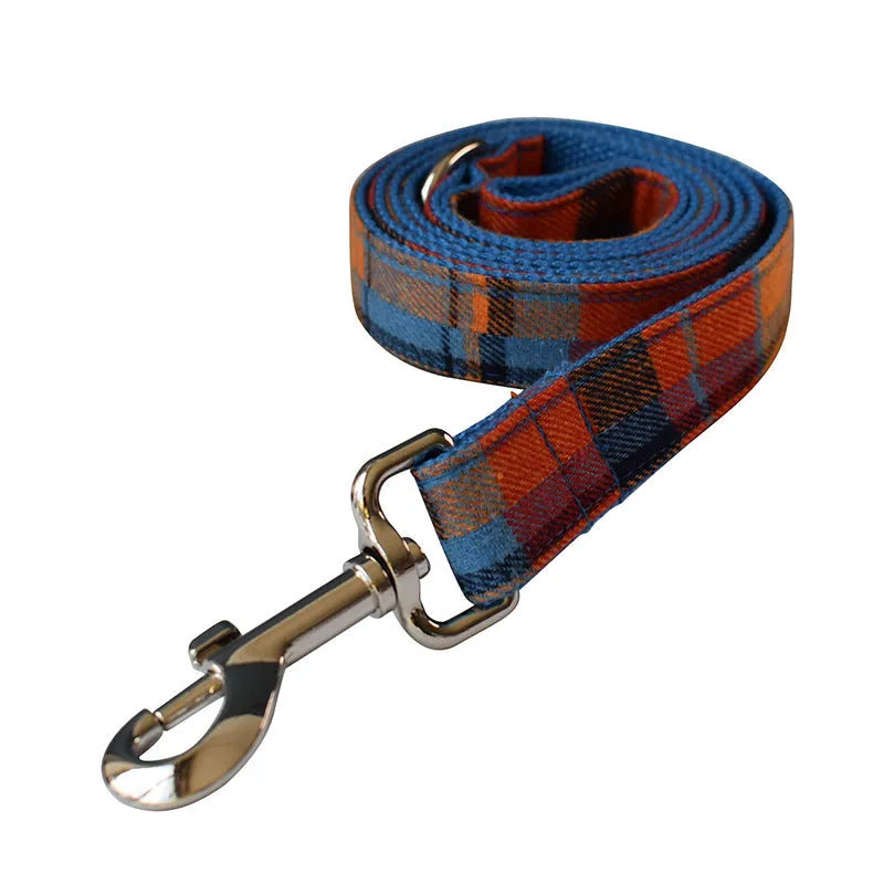 Blue velvet plaid pattern dog collar with alloy metal buckle on cotton material
