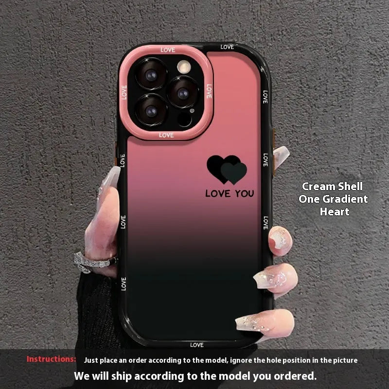 Acrylic iPhone case with fine hole pattern showing gradient love heart design on black background