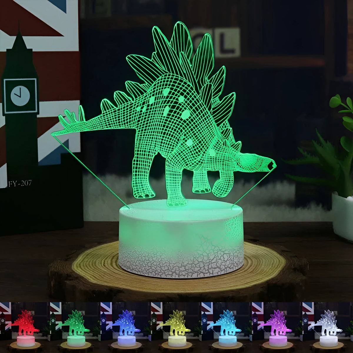 Colourful dinosaur-shaped 3D night light with touch controls on a black ABS base.