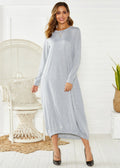 Black lace-up crew neck loose knit lantern dress on a model, showing the lantern silhouette.