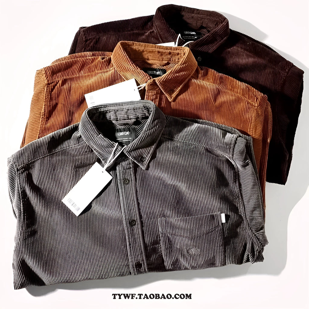 A loose-fitting caramel corduroy shirt with long sleeves in a casual cardigan style.