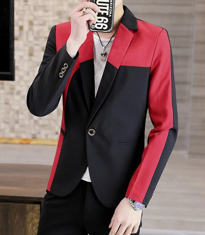 Blazer Hombre Man Suit Coat in Black and Red Asian fit polyester formal blazer