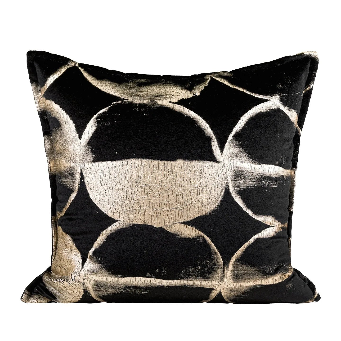 Black and gold abstract full moon pattern flannel cushion on a grey sofa