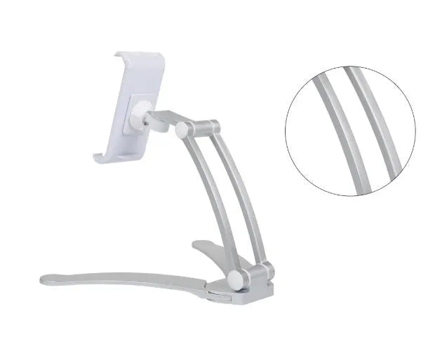 Silver aluminium alloy desktop tablet stand holding a tablet, showing its 360-degree rotation and adjustable chuck mechanism.
