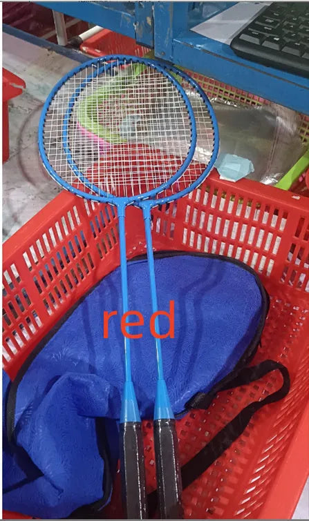 Pair of blue and red ultra-light aluminium alloy badminton rackets with split-frame design on a court.