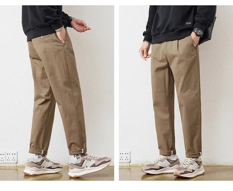 Men's loose wide-leg casual pants in dark gray, made from cotton blend with zipper fly, sizes 28-38.