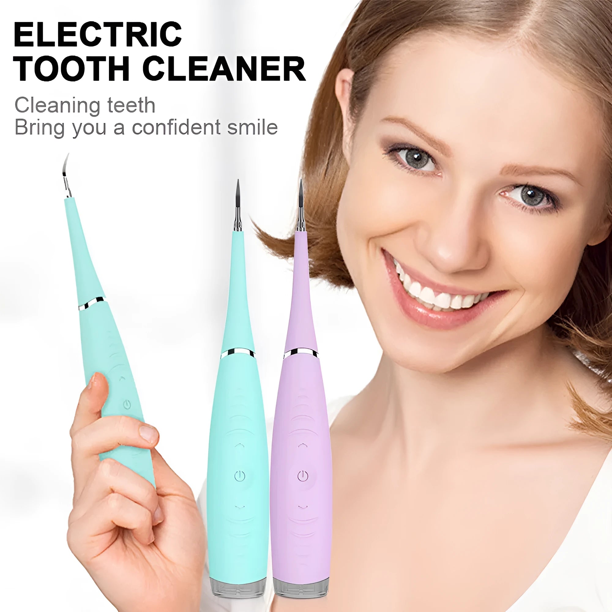 Pink and blue waterproof electric dental scaler with silicone handle and charging cable on a bathroom counter.