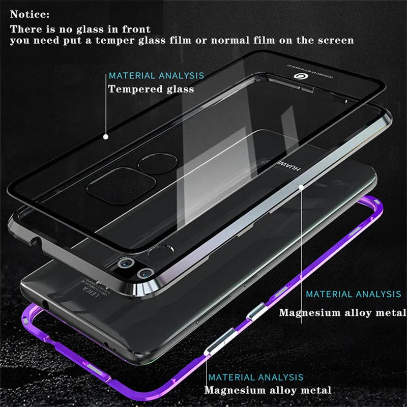 Black magnetic phone case for Huawei with metal frame and clear tempered glass back.