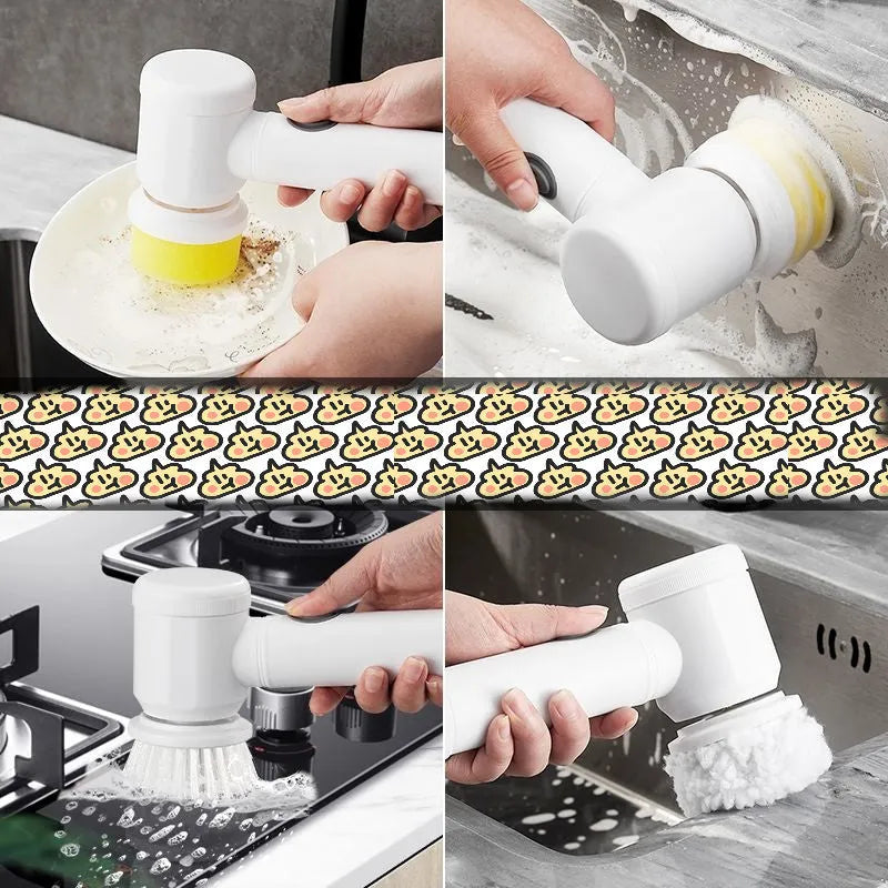 Rechargeable electric kitchen cleaning brush with multiple brush heads on a storage hook.