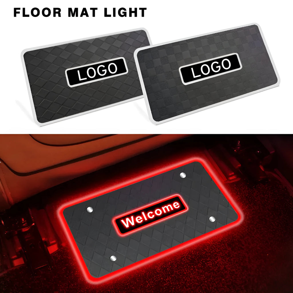 Car foot mat ambient light with Bluetooth RGB and acrylic leather panel showing plaid pattern