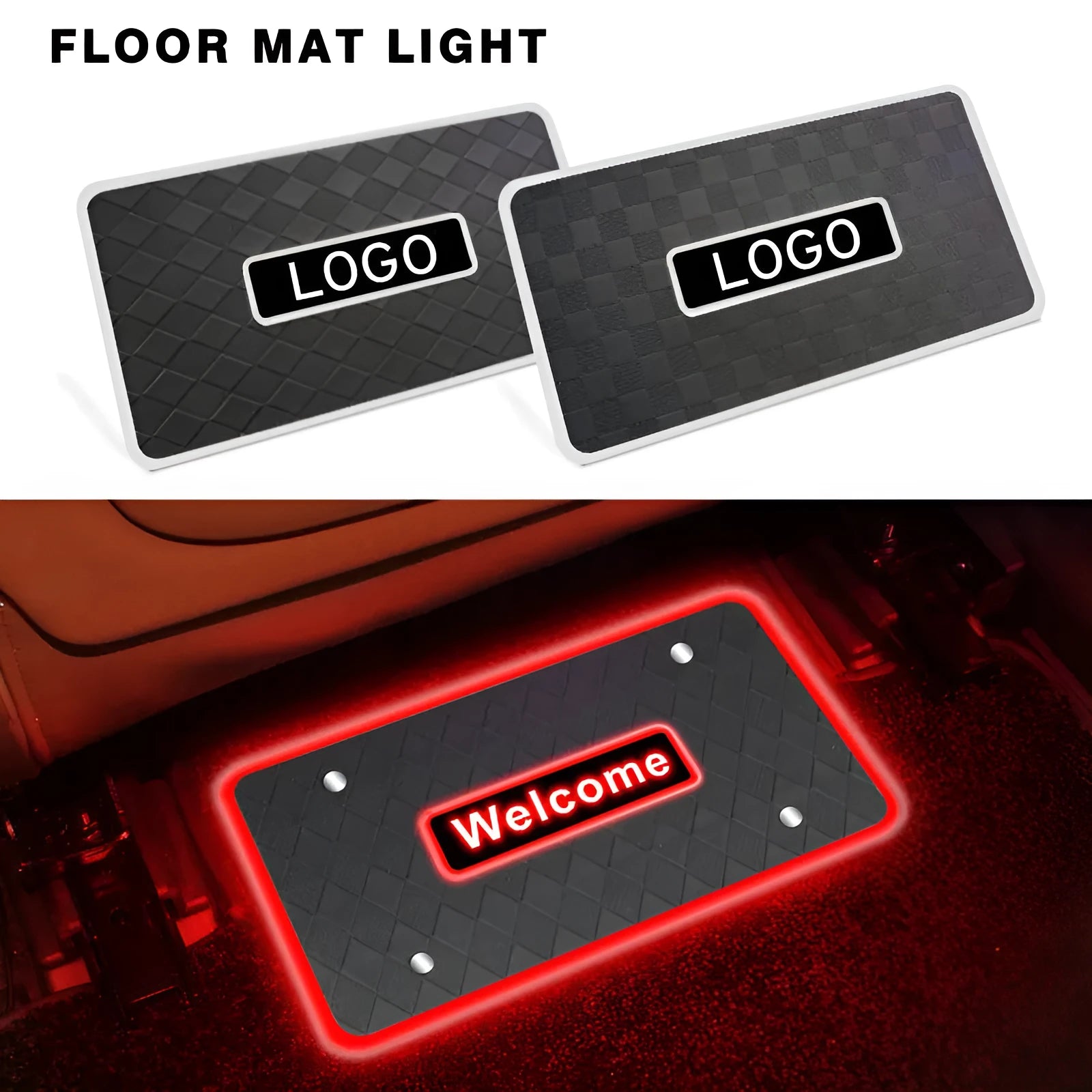 Car foot mat ambient light with Bluetooth RGB and acrylic leather panel showing plaid pattern