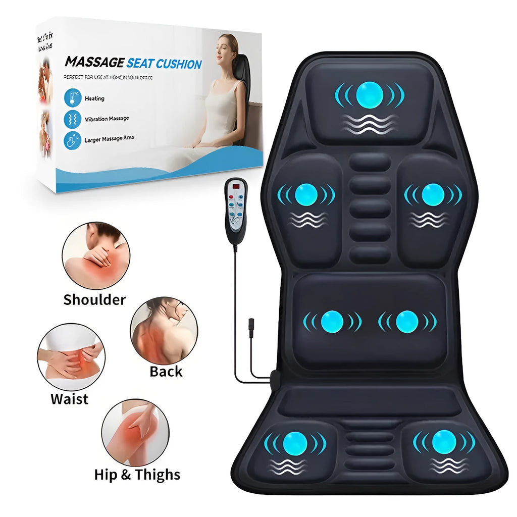 Massage cushion with heat showing control panel and multi-position design for back and neck relief