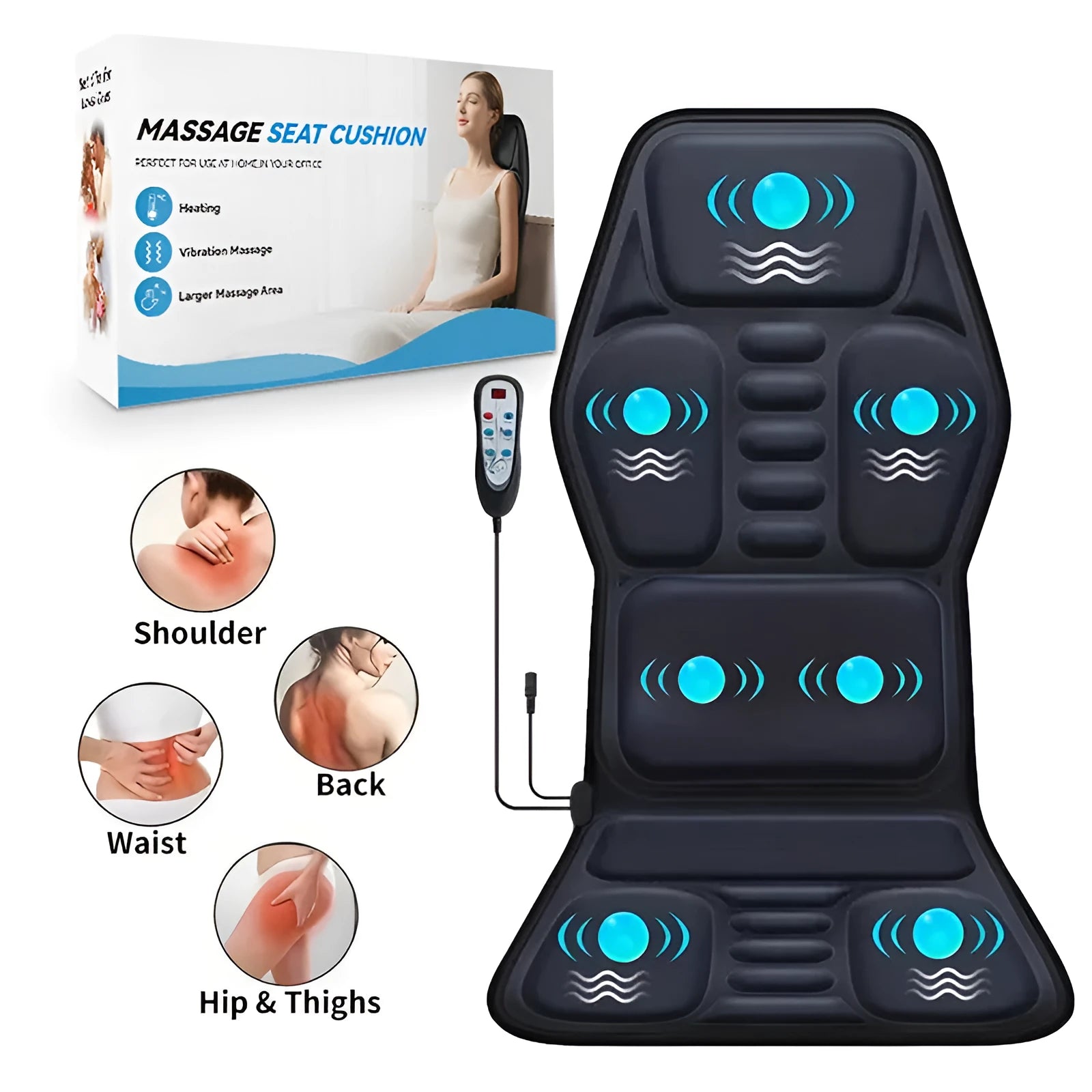 Massage cushion with heat showing control panel and multi-position design for back and neck relief