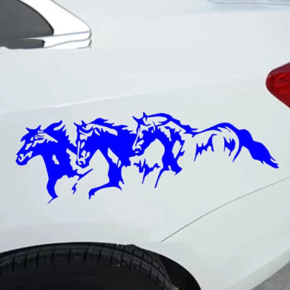 Black, white, red, and blue Three Horses vehicle decal sticker measuring 25 by 8 cm.