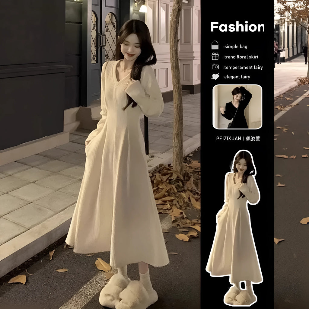 Women's V-neck knitted dress with princess sleeves in milky white colour showing long skirt length