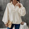 Women's milky white polo collar pullover sweater with long sleeves