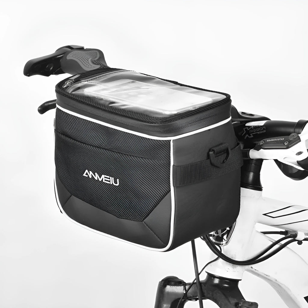 Black 7 inch polyester bicycle bag mounted on folding bike head tube