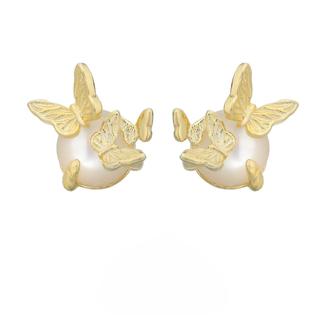 Butterfly-themed 925 silver ear studs with electroplated gold or white gold colour finishes