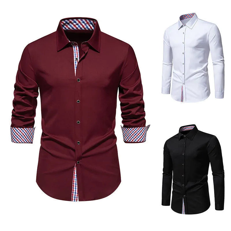 Men's loose-fitting plaid long sleeve casual shirt in a cardigan style, shown in a wine red colour.