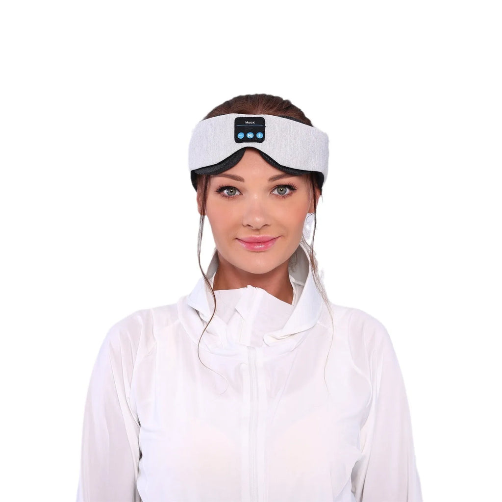 Grey polyester Bluetooth sleeping eye mask with elastic headband