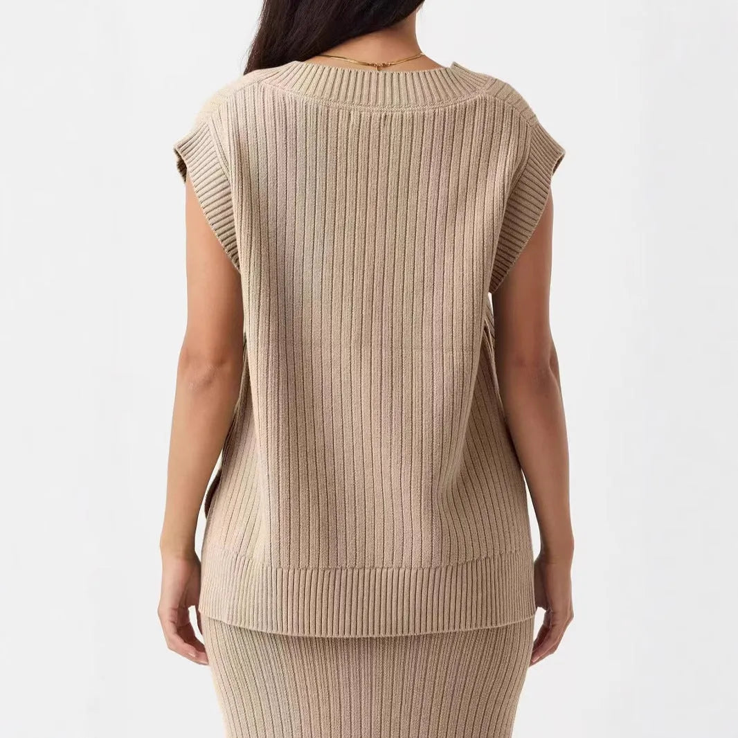 Camel and white v-neck sleeveless loose pullover vest in striped or plaid patterns