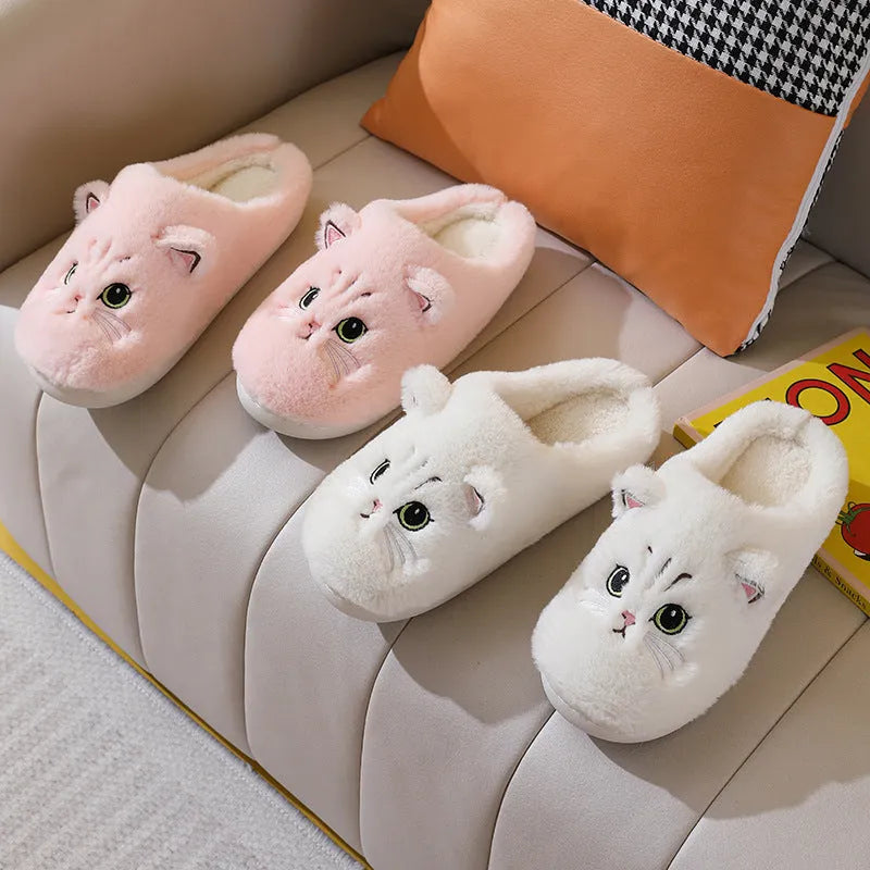 Cotton couple Kitty cartoon velvet warm slippers with non-slip TPR sole in pink