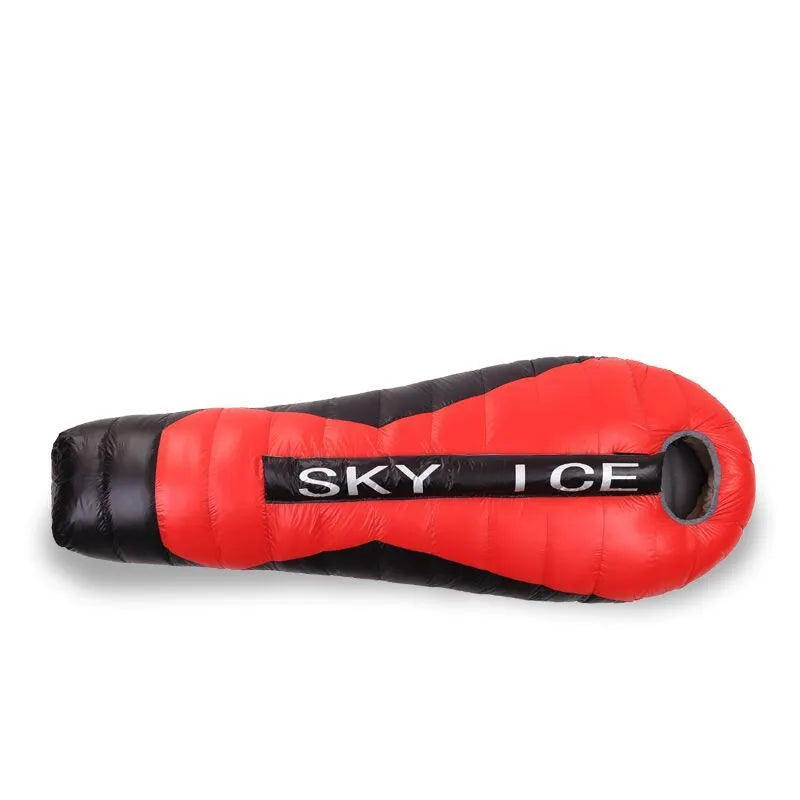 Lightweight goose down sleeping bag in mummy style, 20D nylon shell, Black Red colour, on a camping trip