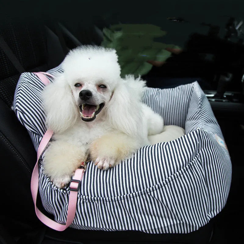 Denim canvas dog travel kennel, 55x50x30cm, shown in blue stripes or deep sea blue