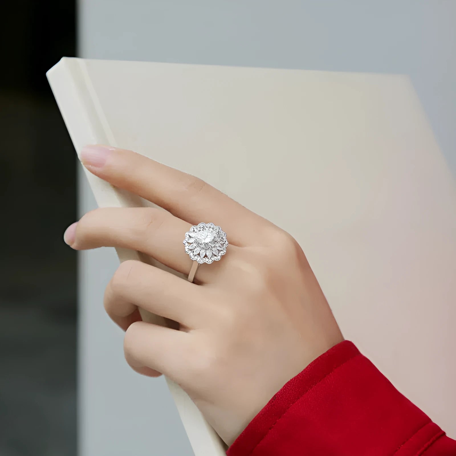 S925 silver adjustable moissanite ring flower design for women