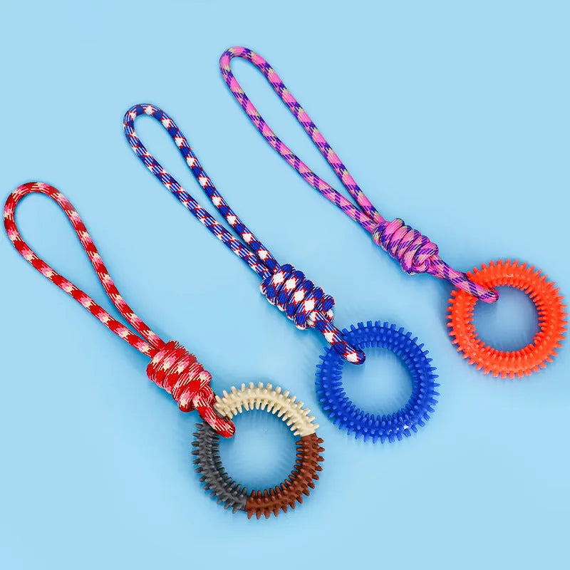 Colourful blue braided rope knotted dog chew toy on a white background.