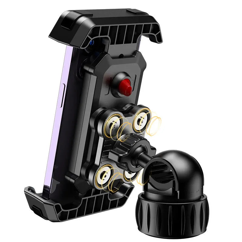 Black cycling phone navigation bracket mounted on bicycle handlebars showing adjustable grip mechanism