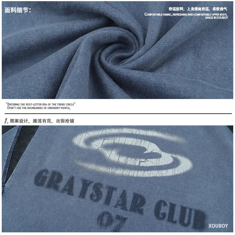 Men's blue hip hop letter print raglan sleeve T-shirt on hanger showing front graphic and sleeve detail