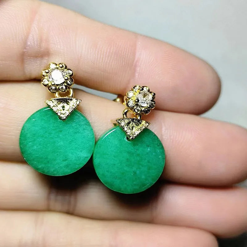 Emerald inlaid jade square women's earrings in quartz rock jade, modern simplicity style