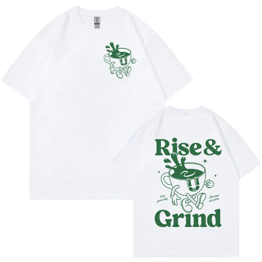 Loose fit men's linen t-shirt in a solid colour with a printed Rise And Grind cartoon graphic on the front.