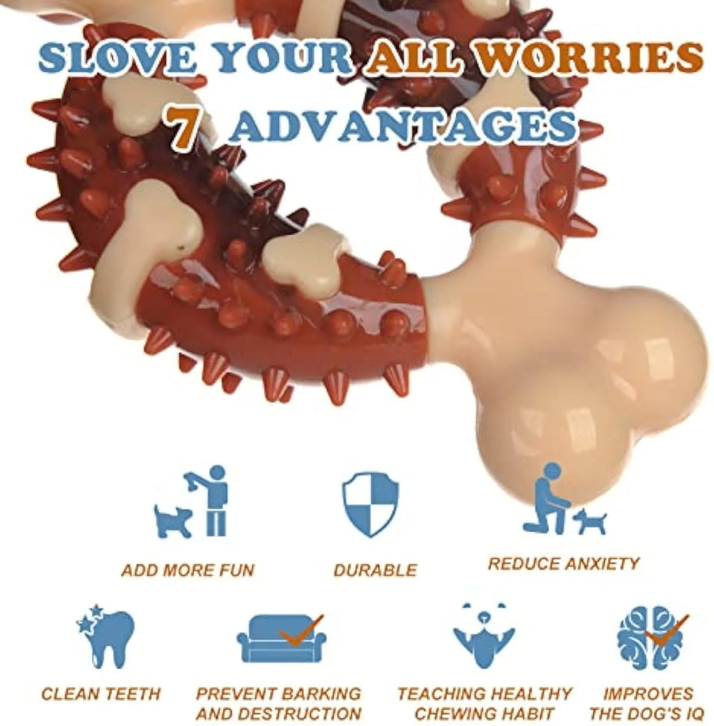 Bone-shaped natural rubber dog molar chew toy in two sizes for teeth grinding and anxiety relief.