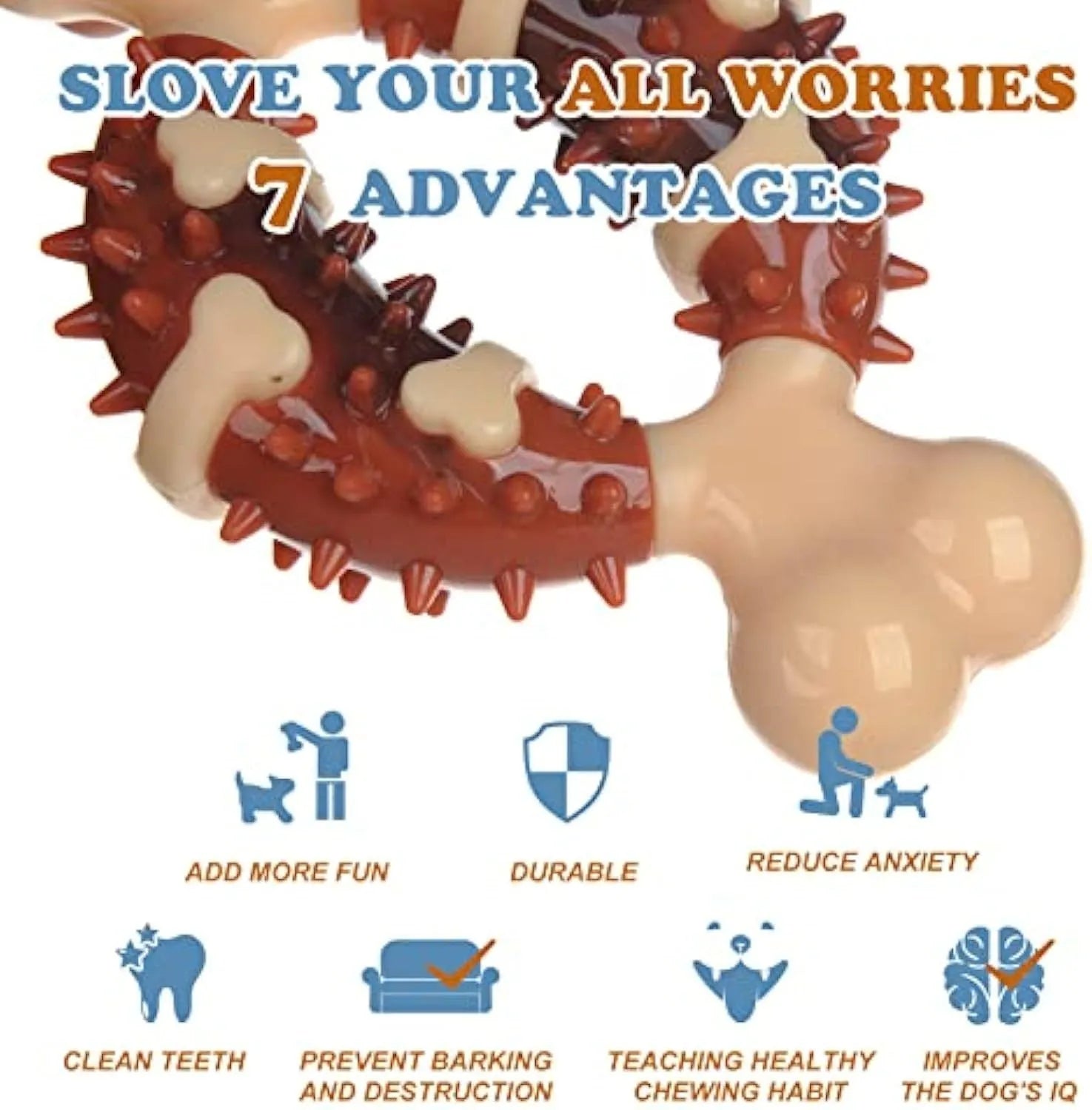 Bone-shaped natural rubber dog molar chew toy in two sizes for teeth grinding and anxiety relief.