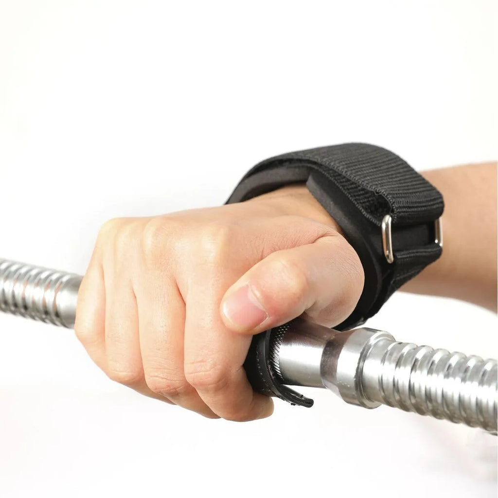 Black rubber palm protector with an assist strap for weightlifting and rock climbing.