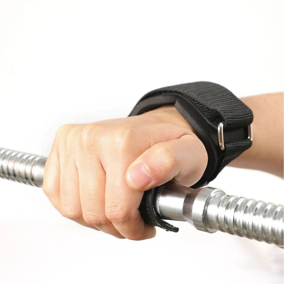Black rubber palm protector with an assist strap for weightlifting and rock climbing.