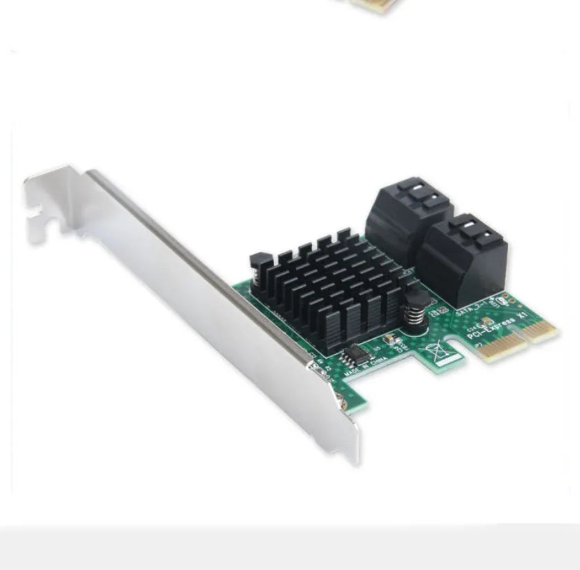 Green PCIe to SATA3.0 extension card with four SATA ports, PCIe x1 interface, 2U baffle, 120mm x 65mm x 56mm.