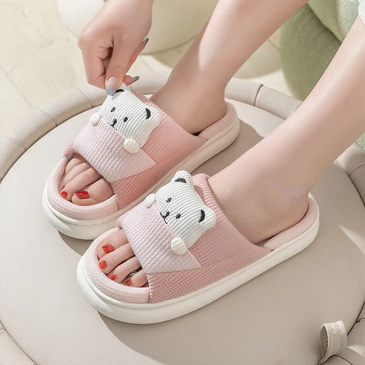 Cartoon bear women's house slippers with thick mute sole in blue, brown, green, pink, and yellow