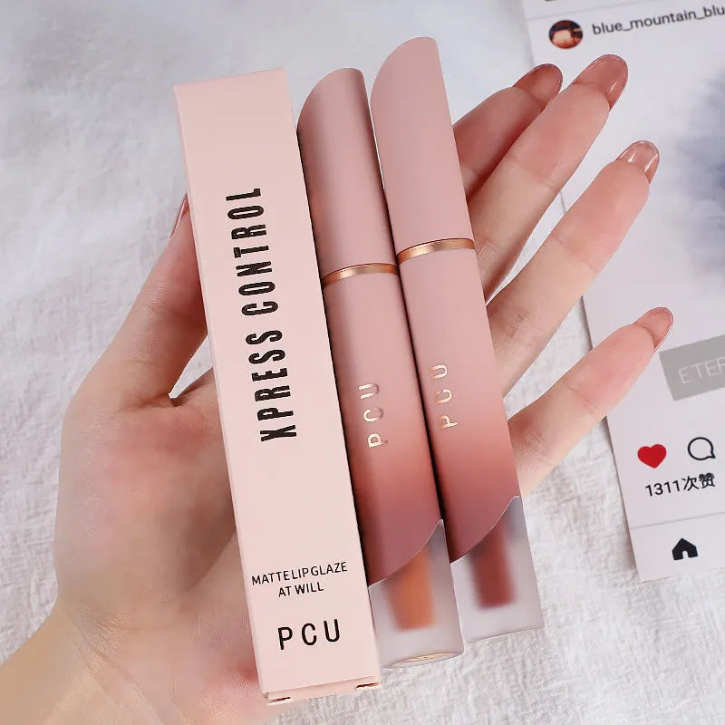 Lip and cheek blush matte non-stick velvet lip glaze in six shades including White Peach Cheese and Ebony Rose