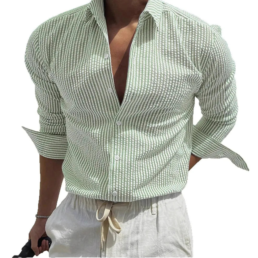Men's striped cardigan lapel long sleeve shirt in polyester available in multiple colours.